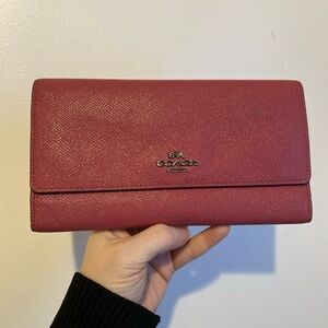 Coach Raspberry Long Leather Slim Trifold Wallet Snap Closure